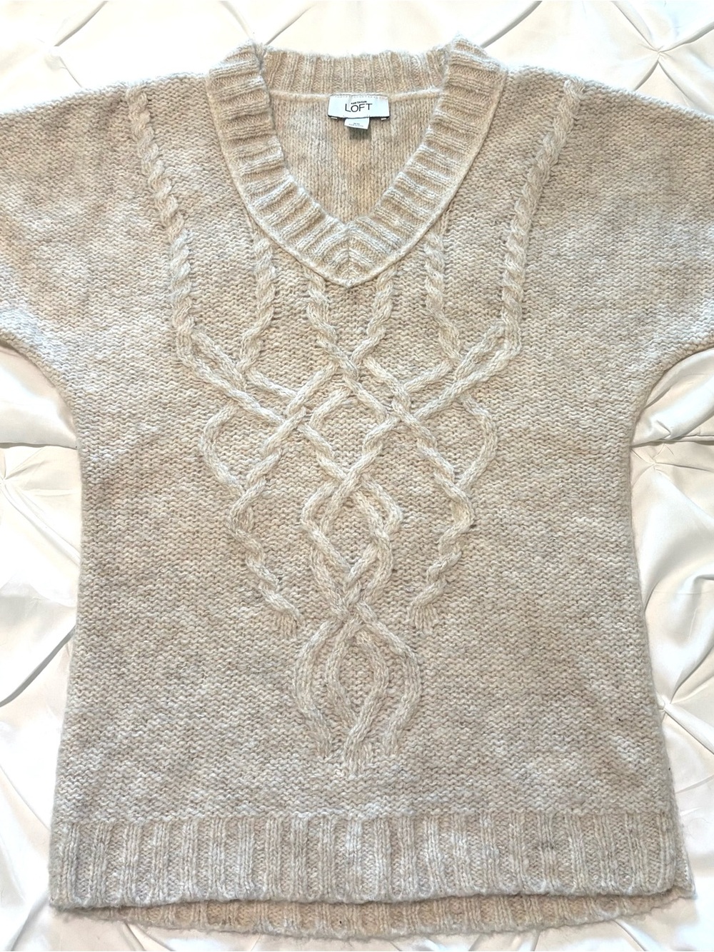 Loft Chunky Knit V-Neck Short Sleeve Wool Sweater, Oversized, Size XS